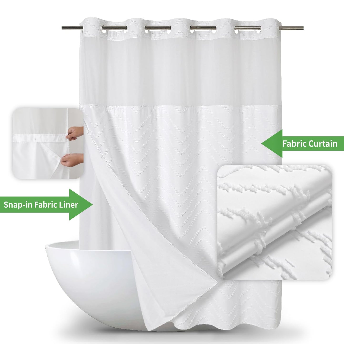 eachope No Hook Tufted Chevron Striped Shower Curtain with Snap-in Fabric Liner set-71Wx74H,Hotel Grade,Boho Style Waterproof Shower Curtain with See Through Top Window,White