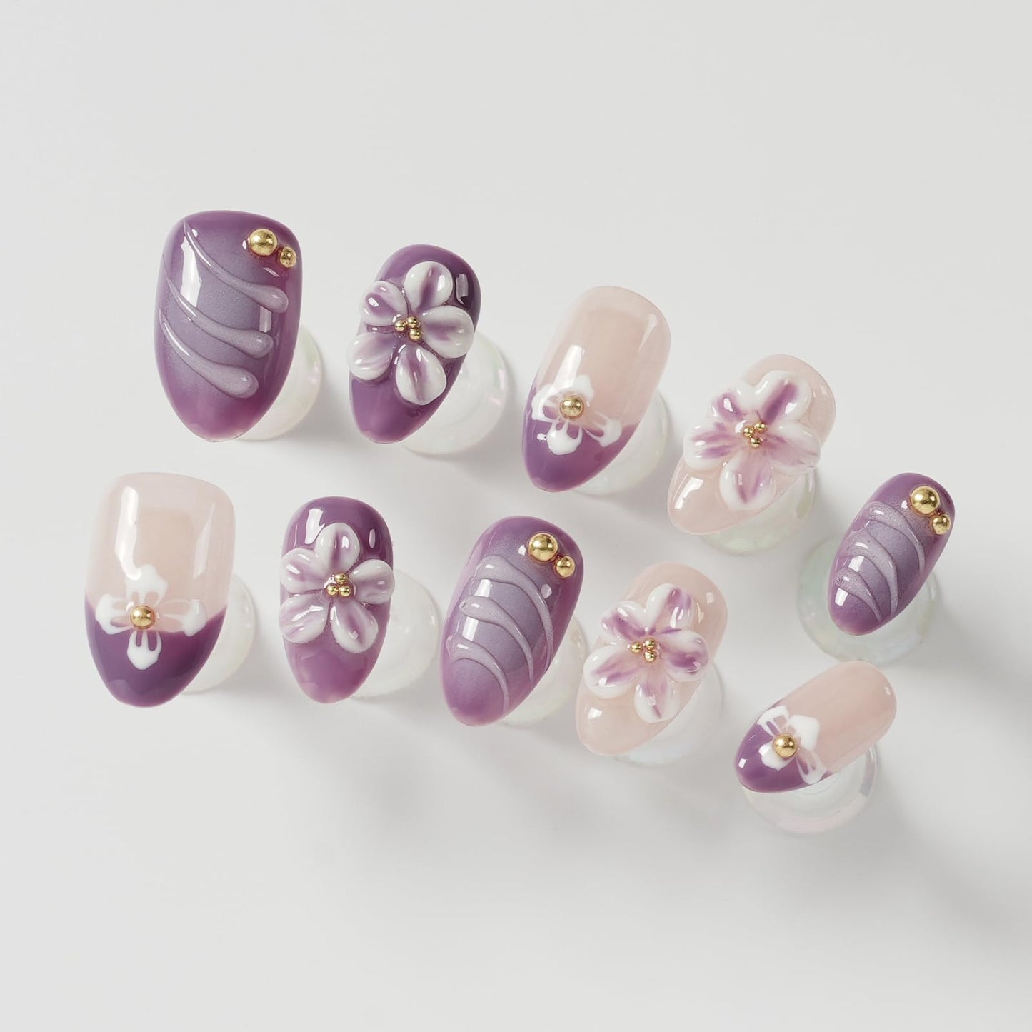 Tesytto Handmade Press on Nails with 3D Ombre Purple Flower - Lavender Floral Short Almond Nails - Full Cover Stick on Nails for Women & Girls (Blossom Purple Dream, M)