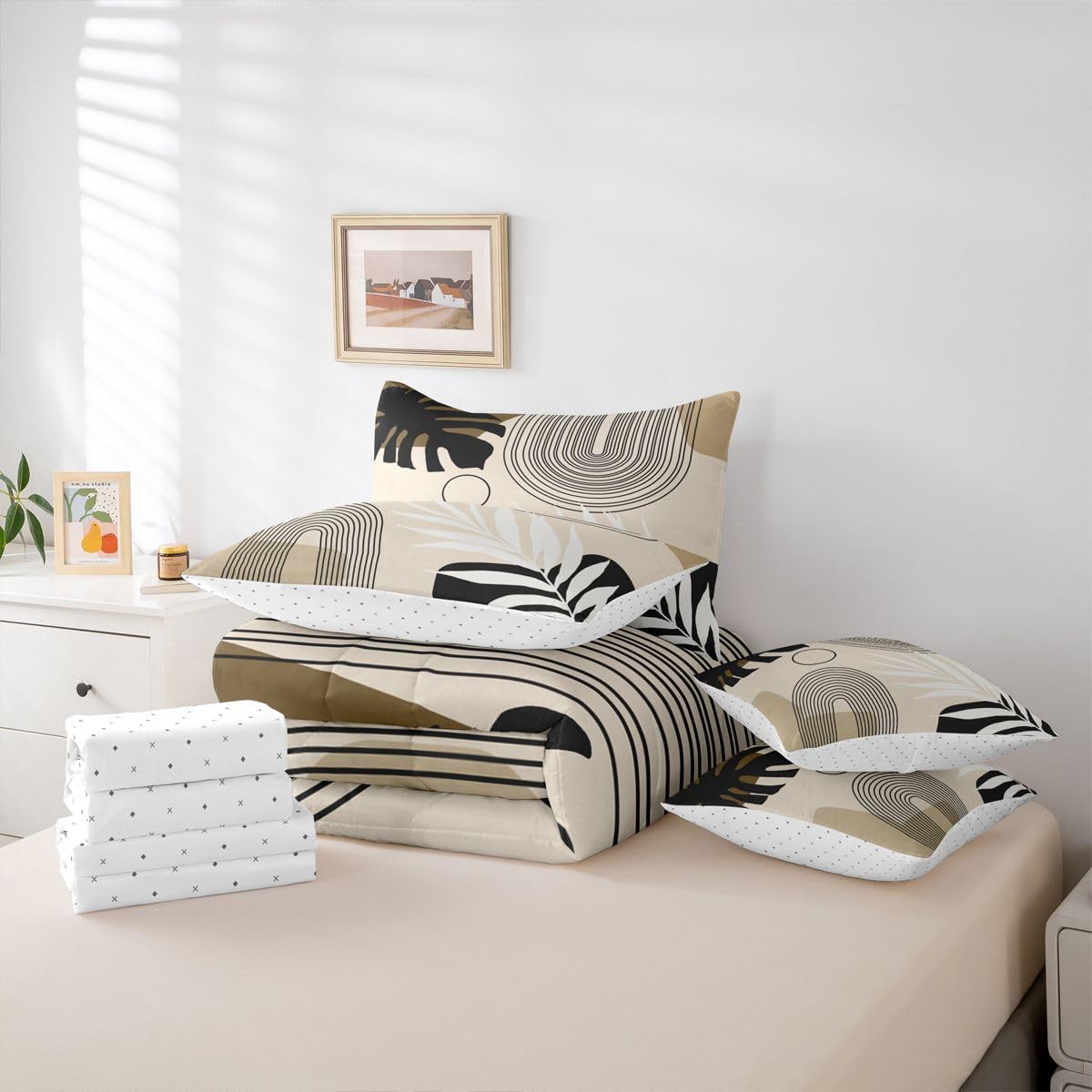 Erosebridal Boho Mid Century Full Comforter Set with Sheets, Modern Minimalist 7 Pcs Bedding Set, Abstract Arch Geometric Bed in A Bag, Tropical Palm Leaf Aesthetic Bed Sets, Black Beige Brown