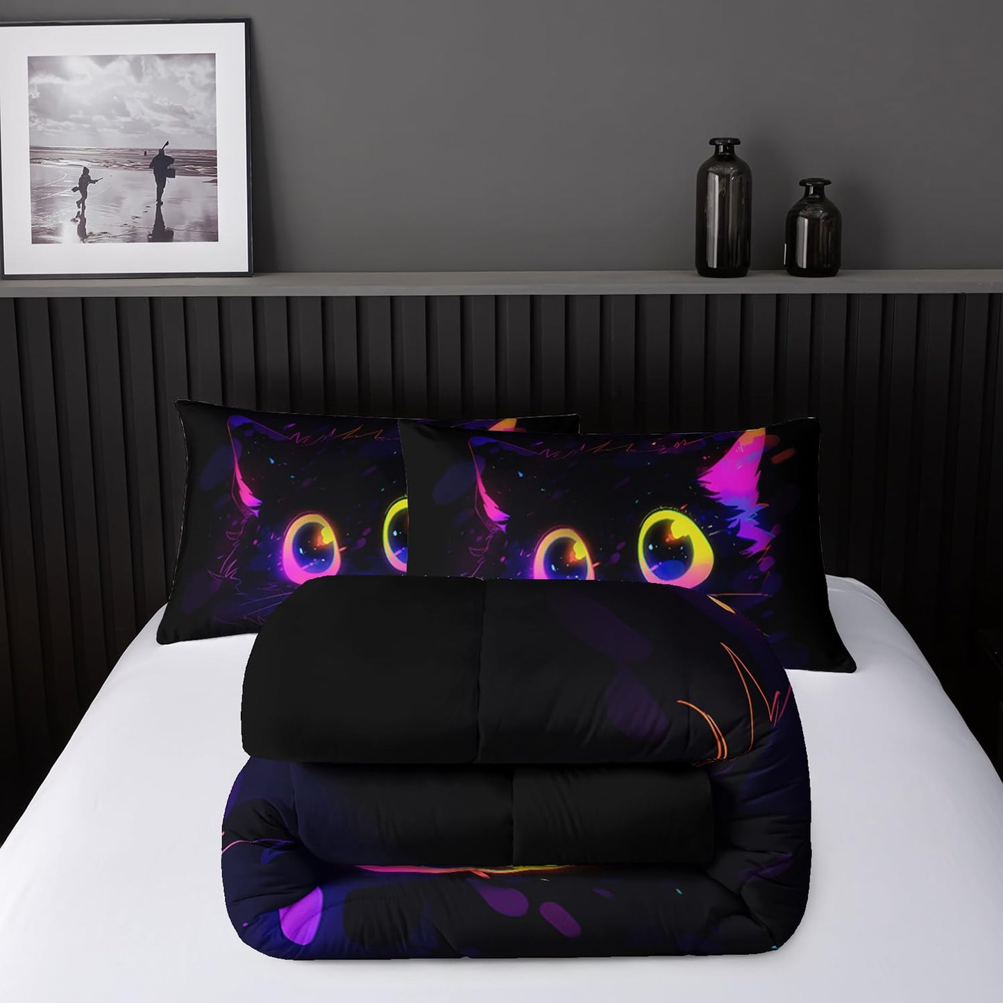 Nttopship Cute Cat Kids Comforter Set Twin Size 3pcs Black in Dark 3D Digital Animals Printed Pattern Comforter Set for Kids Boys Girls Adults Animal Print Room Decor with 2 Pillowcases