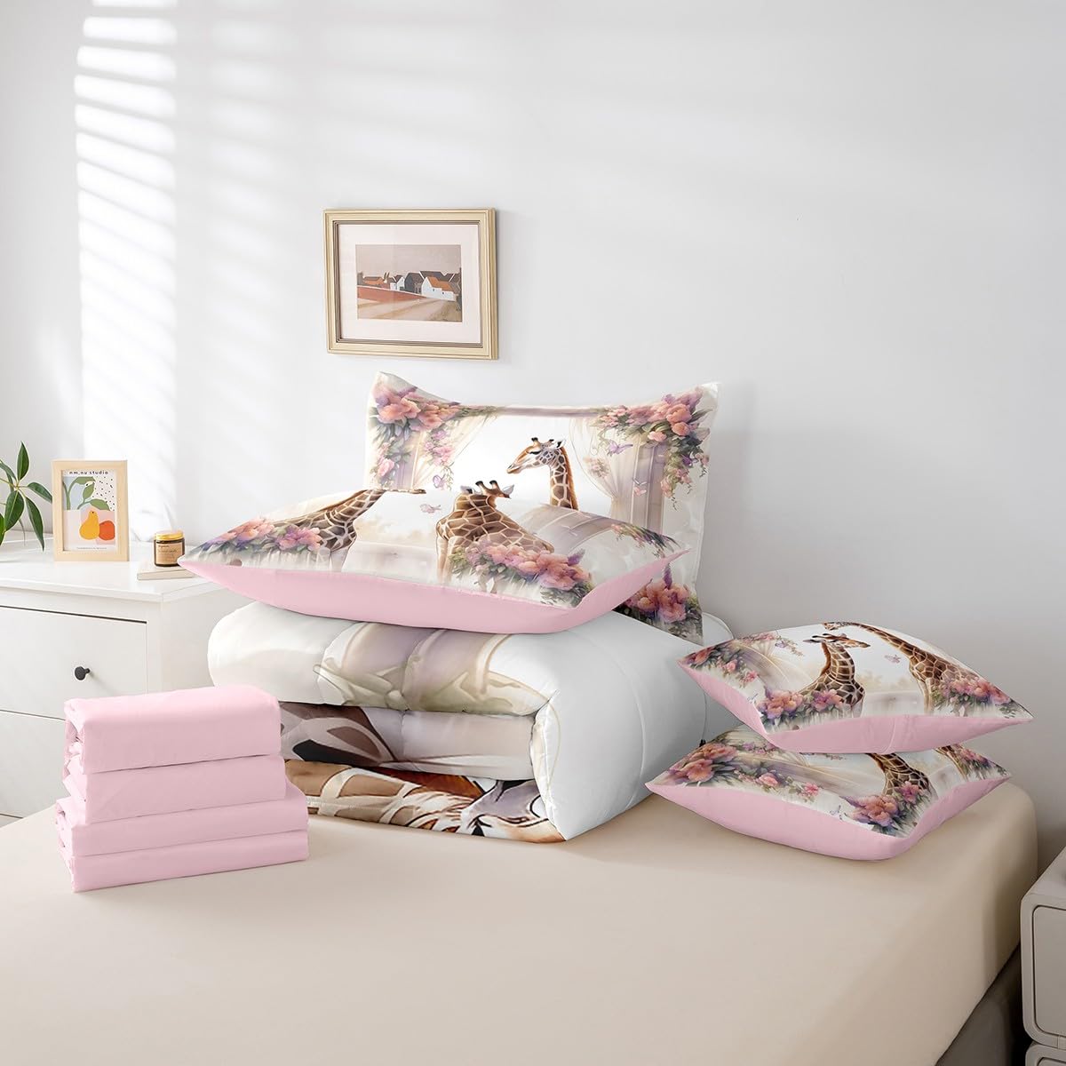 Giraffe 7Pcs Comforter Set Full Size,Pink Rose Flower Bedding Set for Kids Girls Boys Teens Room Decor,Wild Animal Bed in a Bag Romantic Couple Fitted Sheet Flat Sheet,2 Throw Pillow 2 Pillowcases
