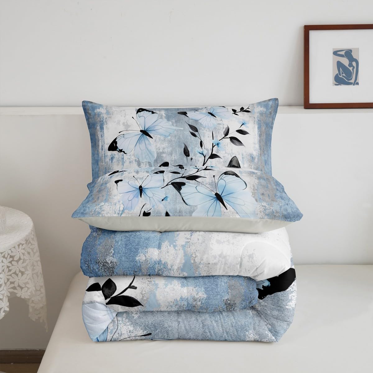 Erosebridal Blue Butterfly Queen Comforter Set Butterflies Wild Flying Animals Bedding Set Abstract Oil Painting Bed Set Watercolor Rustic Farmhouse Quilt Set Ombre Blue Grey Design for Adults
