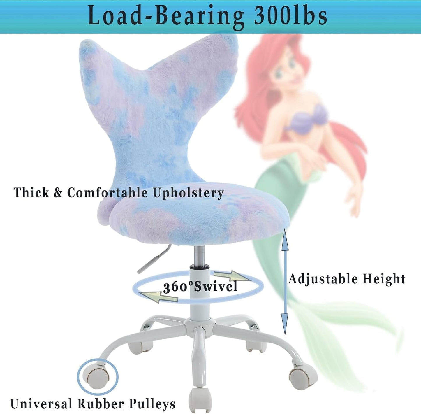Hyfirm Swivel Mermaid Kids Desk Chair for Girls, Blue Soft Fuzzy,Adjustable