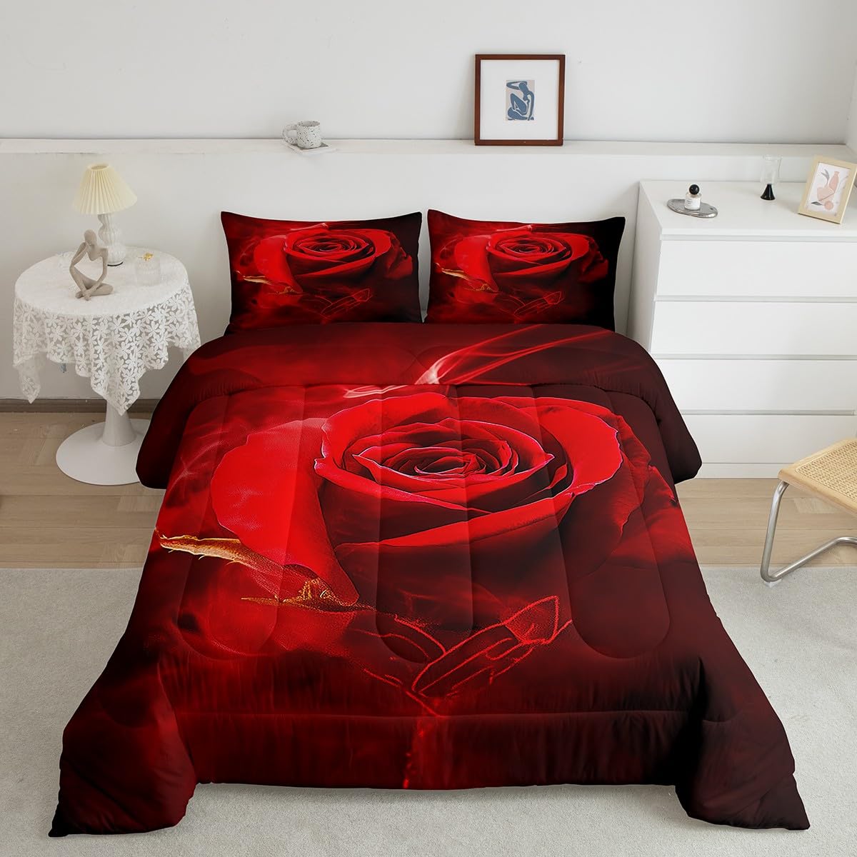 Erosebridal Valentine's Day Comforter Set Queen,Black Red Rose Floral Bedding Sets for Girls Women,Elegant Flowers 3D Print Quilt Set Soft Luxury Microfiber 3Pcs Quilted Comforter with 2 Pillow Shams