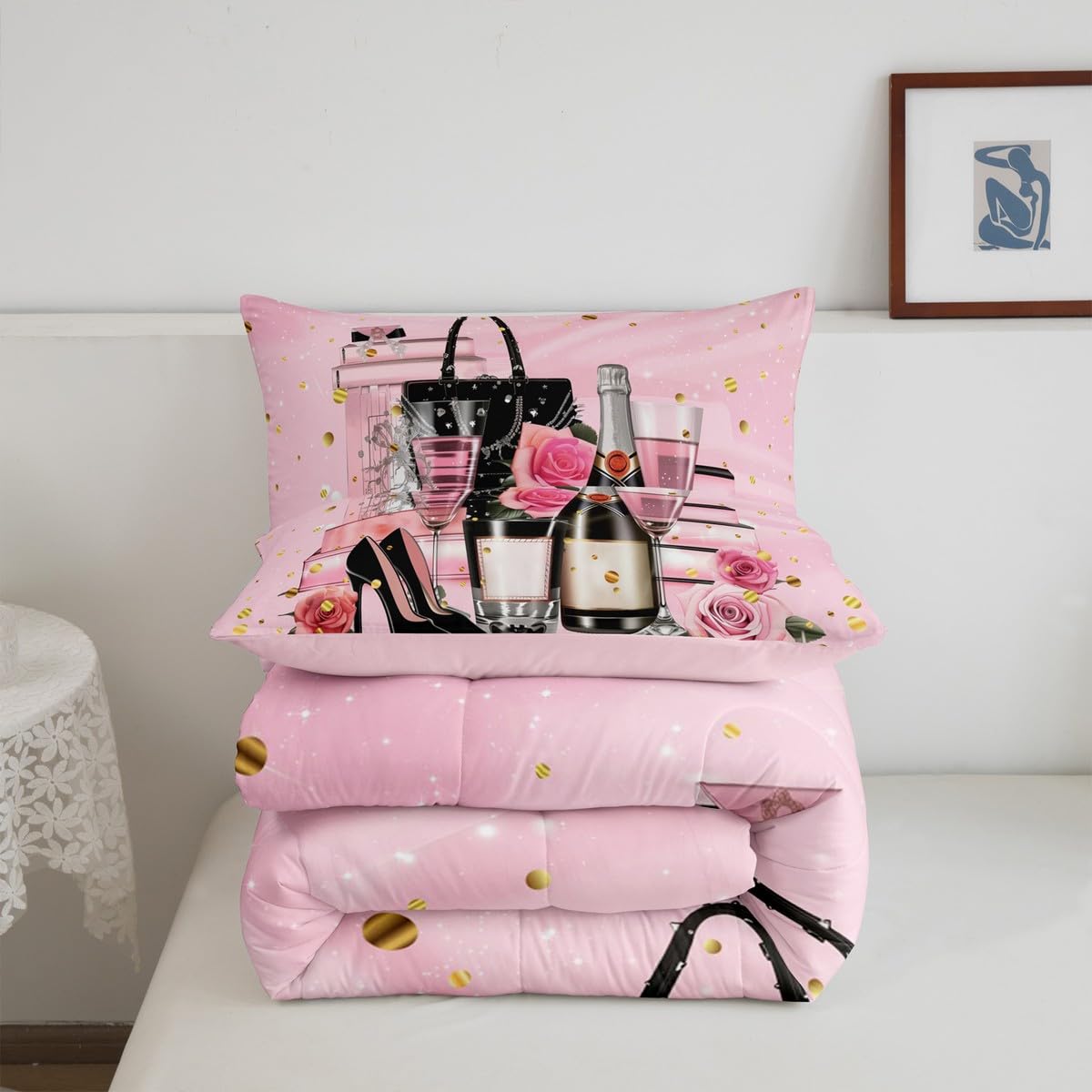 Erosebridal Fashion Women King Bedding Set Modern Pink Girly Comforter for Girls Kids Teens Magazine Book Rose Flower Down Comforter High Heel Makeup Perfume Duvet Insert