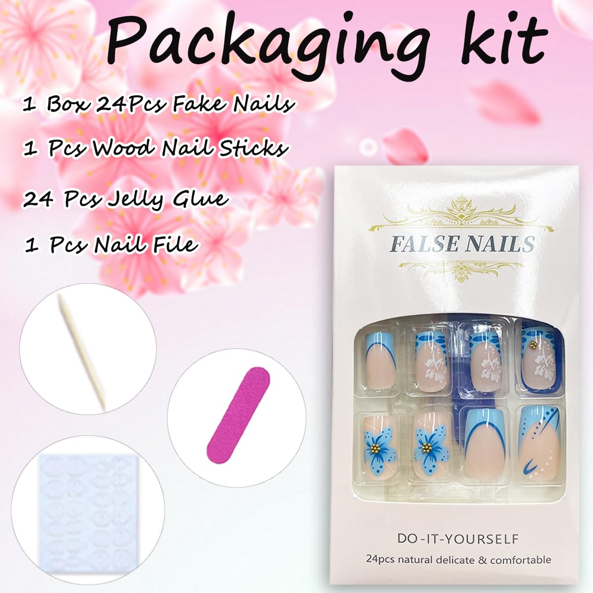 24Pcs Blue French Tip Press on Nails Short Square Fake Nails Glossy Design Full Cover Glue on Nails Gold Rhinestones Flower Artificial Nails Reusable Acrylic Stick on Nails for Women DIY Manicure