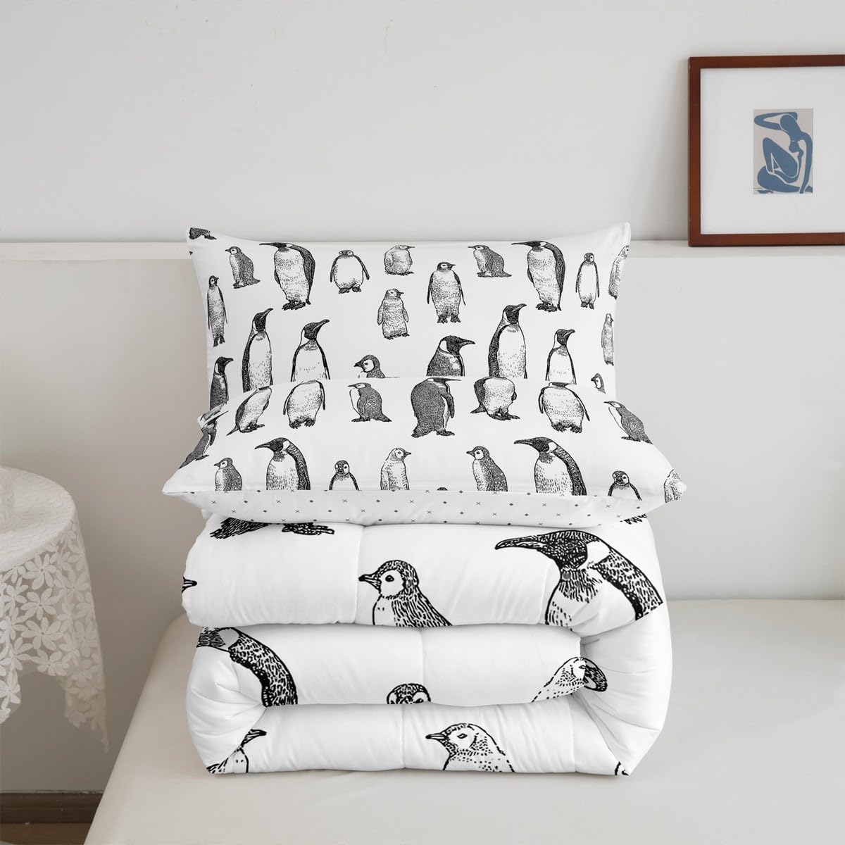 Erosebridal Penguin Comforter Set Twin Size, Antarctic Animal Down Comforter for Kids Boys Girls Children, Winter Theme Duvet Insert Penguin Sketch Quilted Duvet Bed Decorative, Grey White