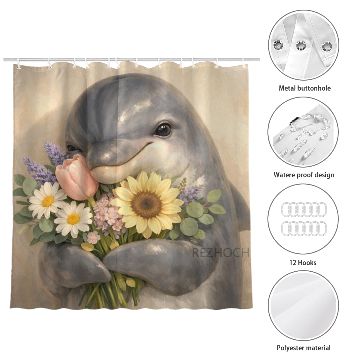 REZHOCH Funny Dolphin Shower Curtain 72x72 Inch Cute Animal Holding Flowers Home Bathroom Decor Floral Modern Art Minimalist Style Kids Waterproof Fabric Bath Set with Hooks