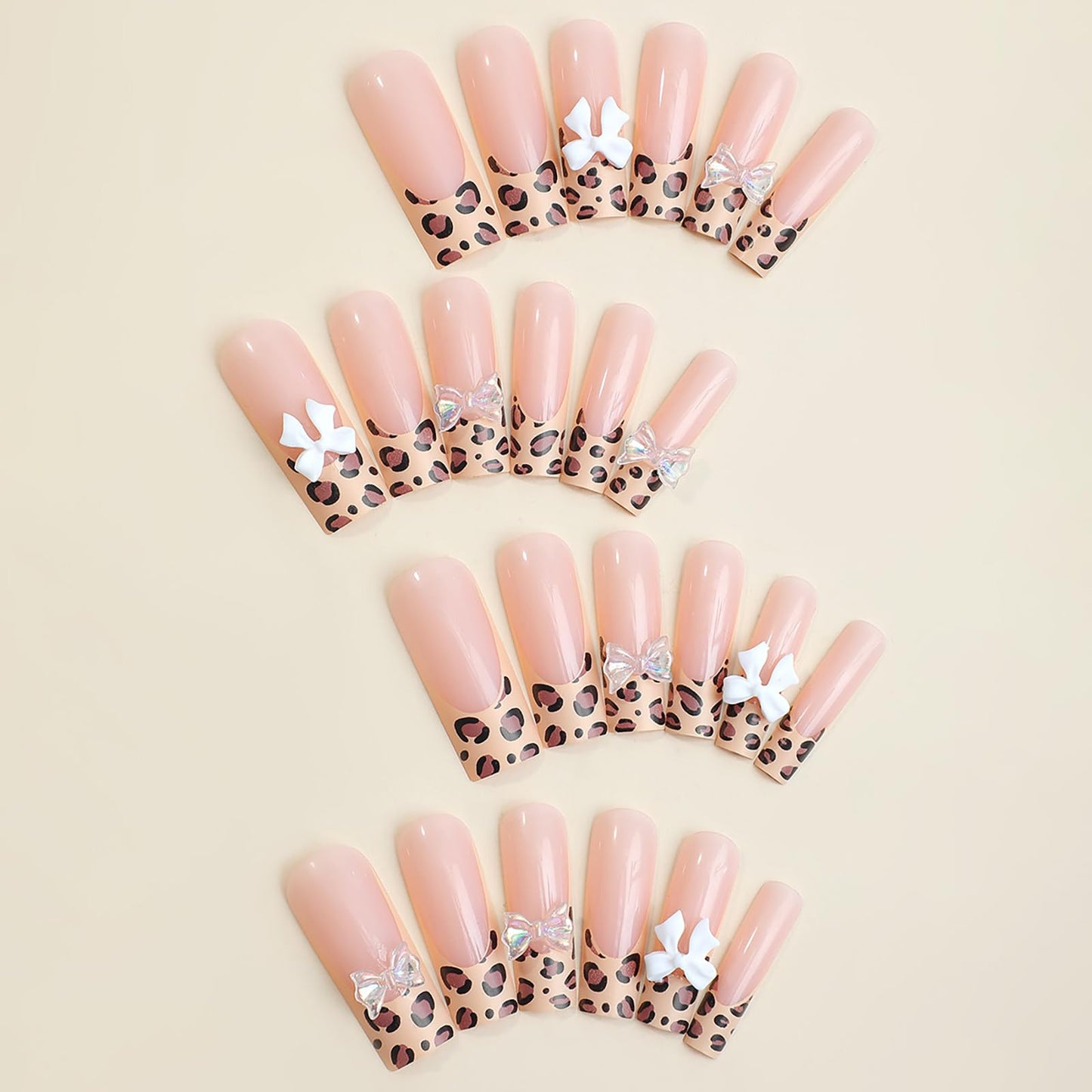 24 Pcs French Press on Nails Long RTKHFZE Square Nude Fake Nails with Leopard Designs False Nails Bow Charms Full Cover Artificial Nails Stick on Nail for Women Girls
