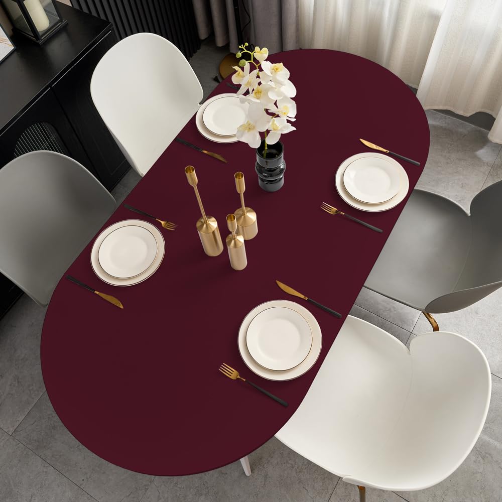 Sofits Burgundy Fitted Oval Tablecloth with Elastic 48x72 Inch Outdoor Table Cover Spandex Stretchy Solid Color Red Fabric Dining Table Cloth for Party Wrinkle Free Non Slip