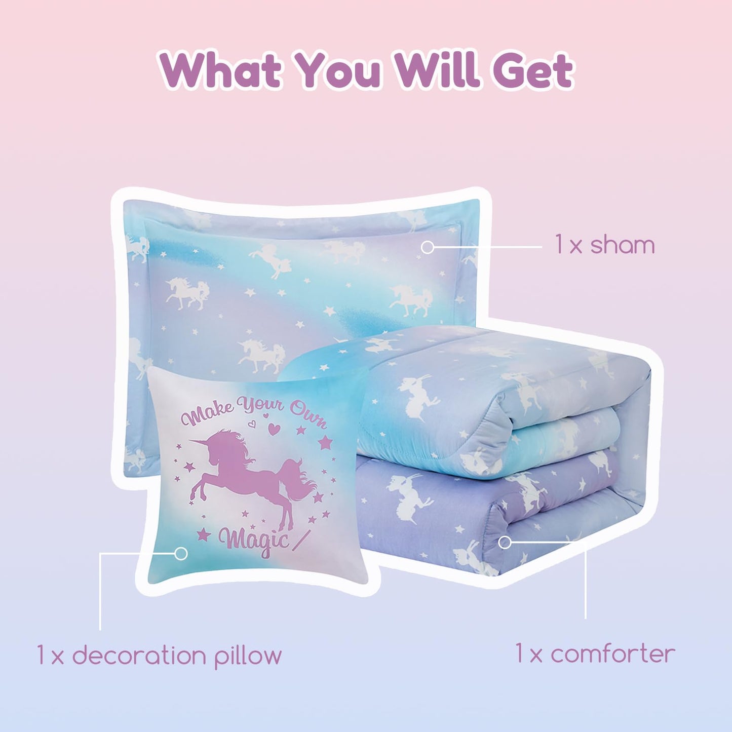 Wink Deer Twin Comforter Set for Girls-3 Pieces Unicorn Glow in the Dark Twin Bedding Sets for Kids,1 Comforter,1 Sham and 1 Decor Pillow