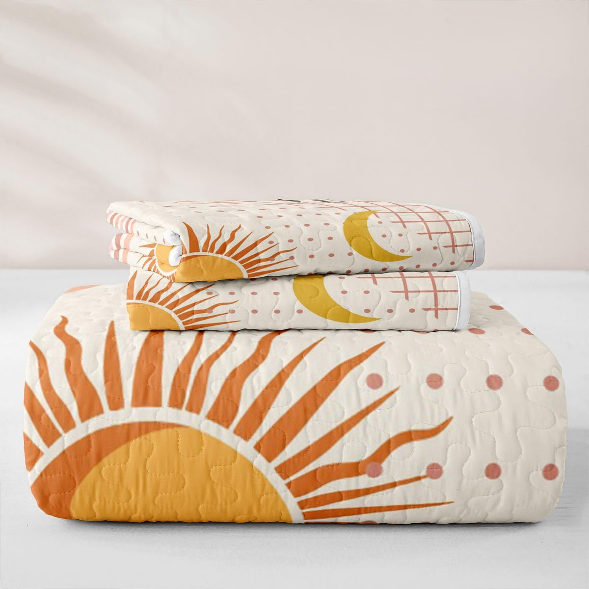 Erosebridal Sun Moon Quilted Bedspreadd Set Twin Boho Mid Century Coverlet Set Bohemian Abstract Geometric Bed Set Blush Pink Bedding Set