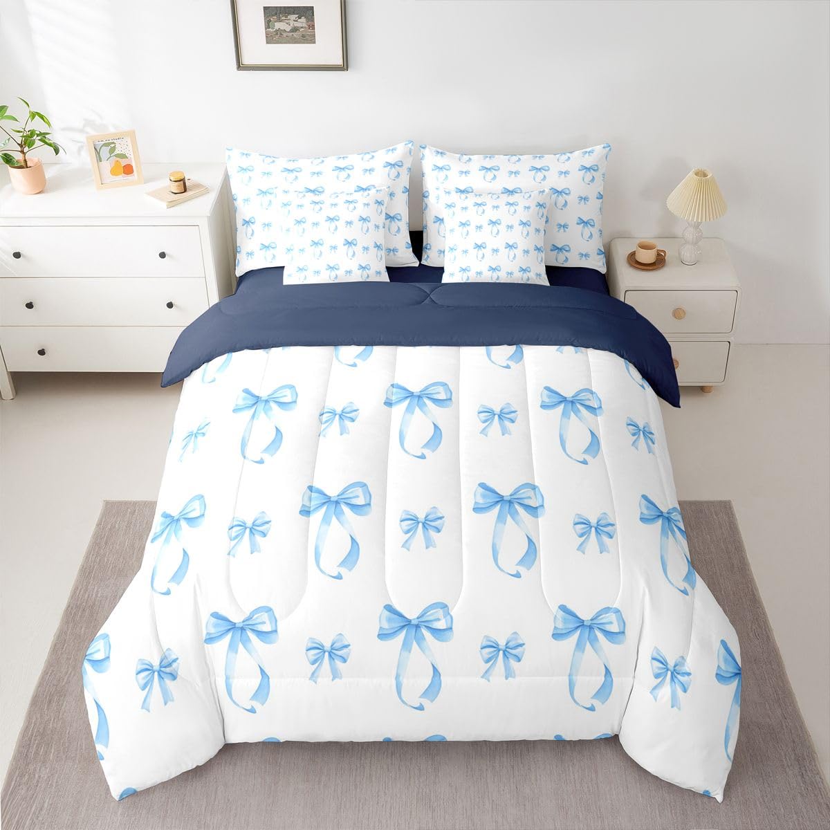 Erosebridal Cute Ribbon Bowknot Full Size Comforter Set,Bows 7-Piece Bed in A Bag,Blue Princess Sheets and Pillowcases,Modern Simple Bow Knot Bedding Set Room Decor