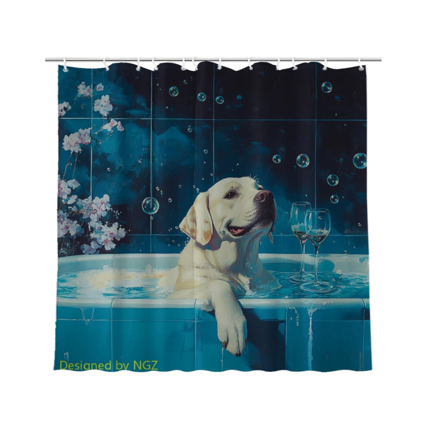 NGZ Funny Labrador Retriever Shower Curtain, SPA with Wine, Blue Shower Curtain, 72x72 Inches Shower Curtains for Bathroom, Bath Curtains Set with 12 Hooks