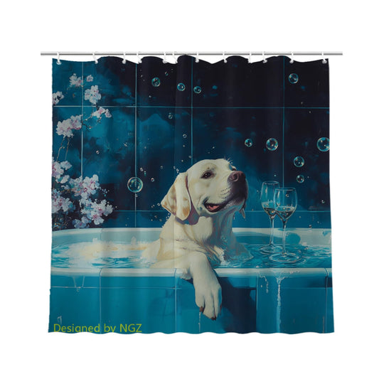 NGZ Funny Labrador Retriever Shower Curtain, SPA with Wine, Blue Shower Curtain, 72x72 Inches Shower Curtains for Bathroom, Bath Curtains Set with 12 Hooks