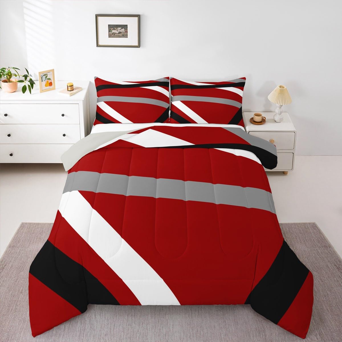 Erosebridal Red Gray Black Striped Queen Comforter Set for Adult Women Men Modern Abstract Bedding Set Geometric Lines Bed Set Aesthetic Boho Quilt Set