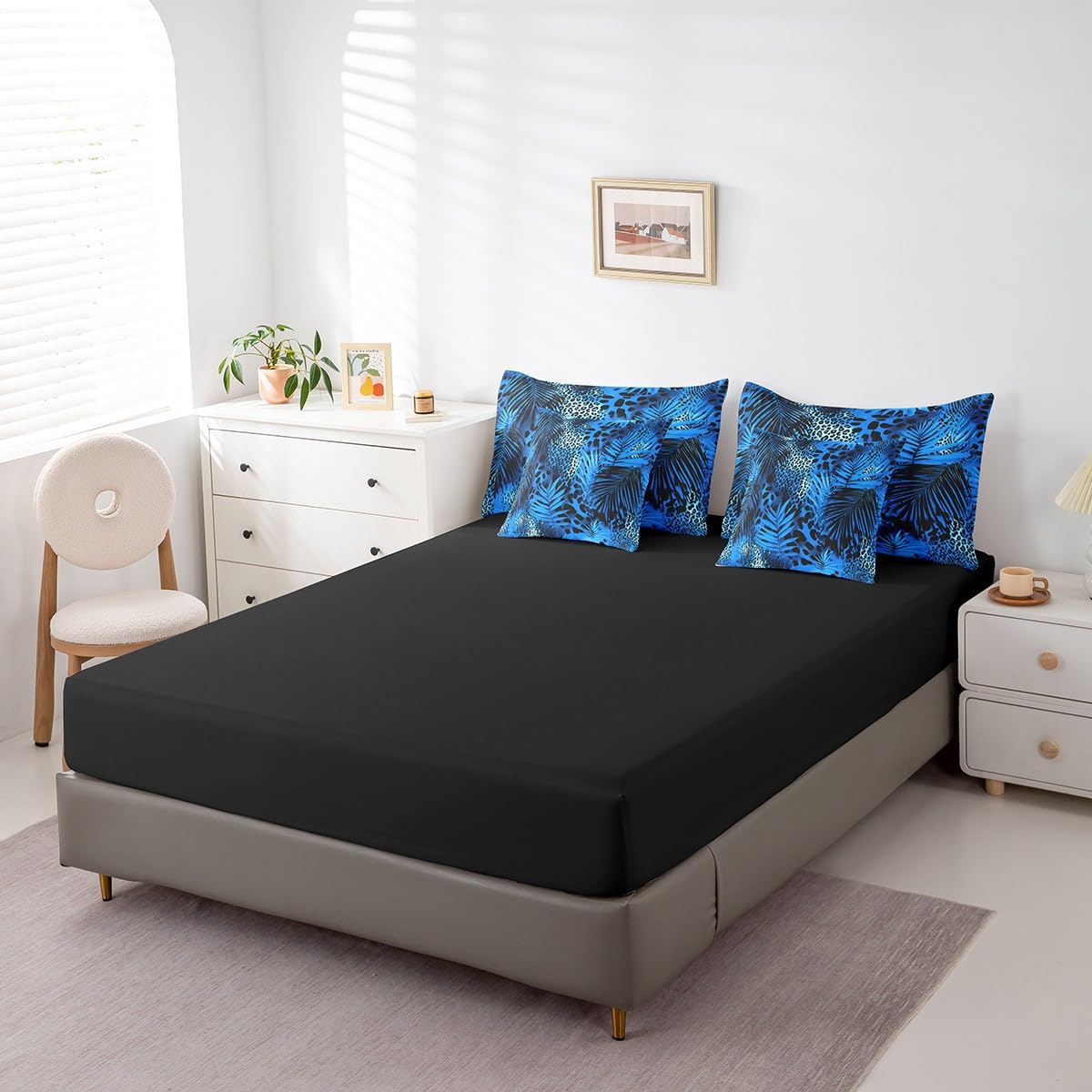 Erosebridal Blue Cheetah Print Comforter Set 7 Piece Bed in a Bag Twin,Botanical Leaf Bedding Sets Big Cat Wild Animal Hide Sheet Set with Comforter,African Safari Animals Fur Bed Set