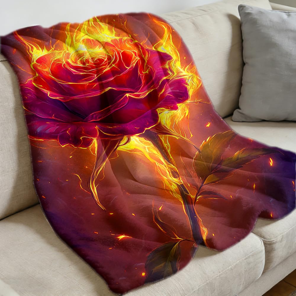 ZHOUSHUTONG Fiery Burning Rose Flannel Throw Blanket, Gothic Floral Fire Flower Print Blanket, Soft Cozy Warm Plush Blankets for Couch Bed Sofa, Gift for Rose Lovers 49"x59"
