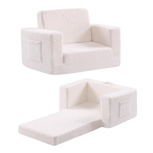 Givjoy Toddler Chair Sherpa Kids Couch, 2-in-1 Soft Kids Armchair Lounger for Bedroom, Convertible Sofa for Girls and Boys, Child Reading Chair for Playroom, Living Room, Pet, Beige