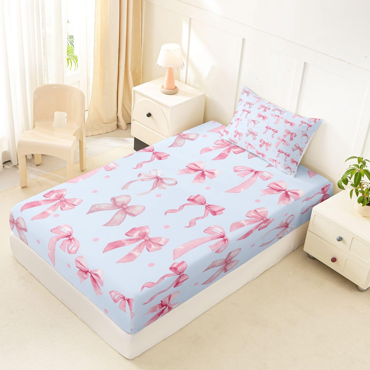 jejeloiu Cute Pink Blue Bow Fitted Sheet Twin Size for Kids Boys Girls Dreamy Princess Bowknot Bed Sheets Set 16" Deep Pocket Ribbon Bow Knot Bedding with 1 Pillowcase Room Decor