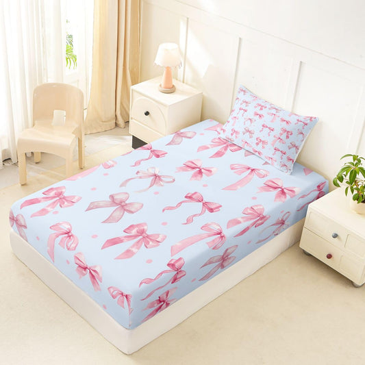 jejeloiu Cute Pink Blue Bow Fitted Sheet Twin Size for Kids Boys Girls Dreamy Princess Bowknot Bed Sheets Set 16" Deep Pocket Ribbon Bow Knot Bedding with 1 Pillowcase Room Decor