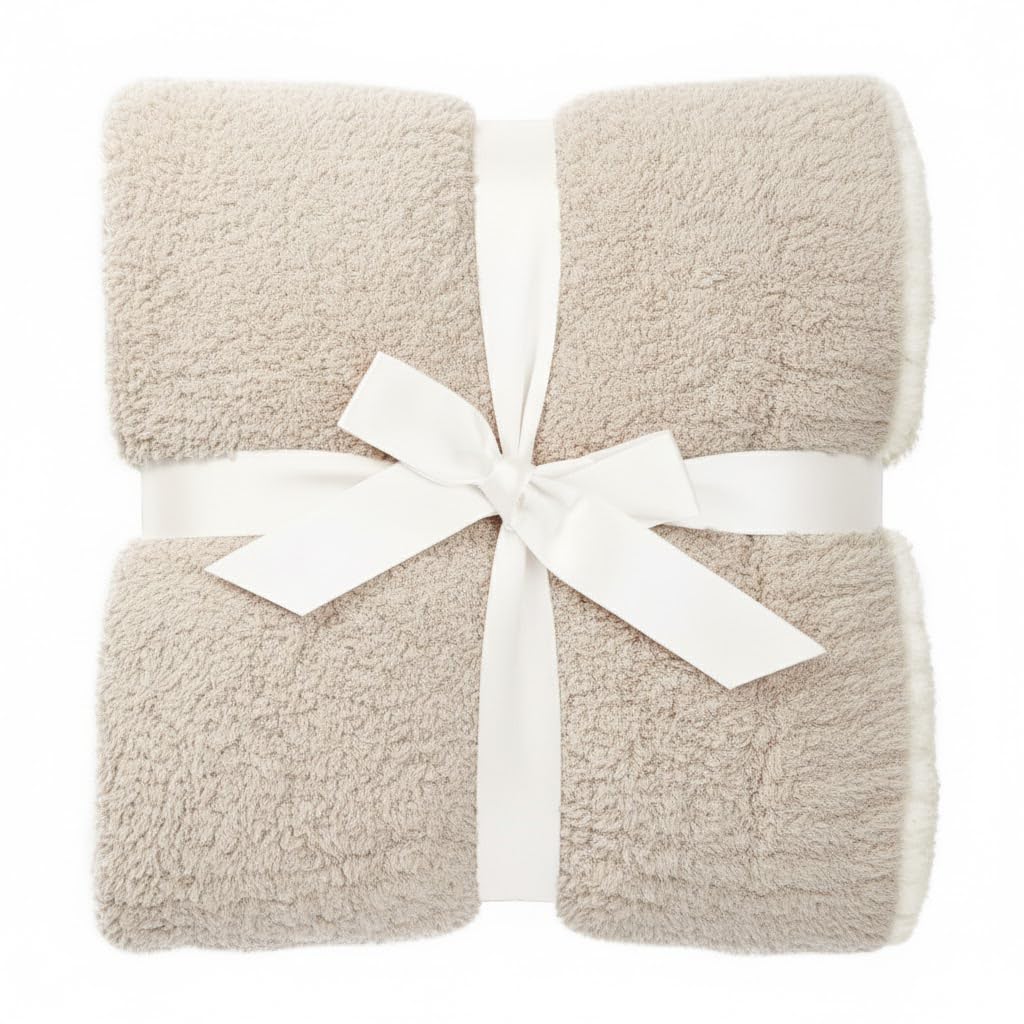 Contrast Trim Sand Stone & White Accent Tip Chic Throw Blanket Couch, Reversible Super Soft Knitted Blankets, Warm Knit Fuzzy Cozy Dreams Plush Lightweight Throws Dupes Sofa Bed 50" x 60"