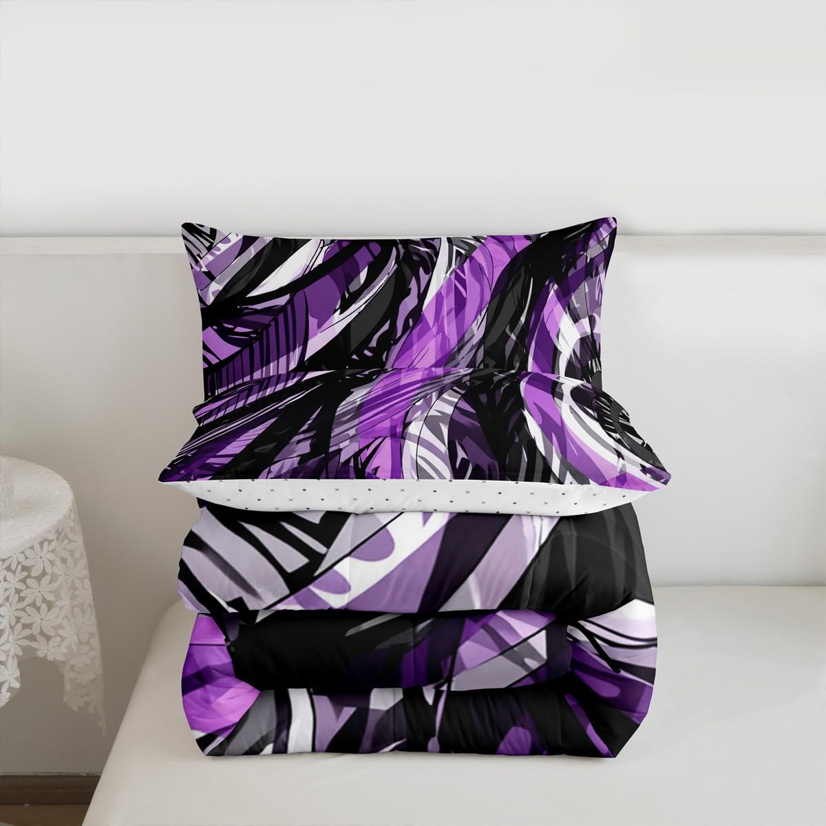 jejeloiu Modern Abstract Comforter Full Size Purple Stripes Black Gray Comforter Set for Boys Girls Adults Retro Spiral Geometric Bedding Set Room Decor Quilt 3Pcs Boys