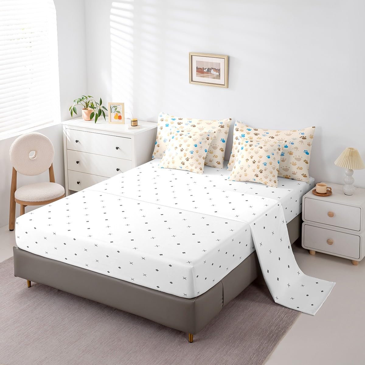 Erosebridal Paw Print 7 Pcs Comforter Set Queen Size Cartoon Footprints Bedding Cute Dog Cat Puppy Feet Print Bed in A Bag for Kids Children Brown Blue Kawaii Pet Bed Set