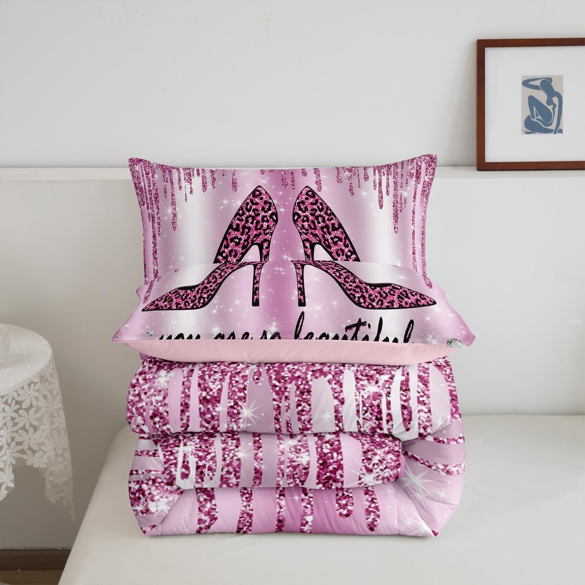 Purple Leopard Glitter Comforter Set Kids Girls Diamond Starry Galaxy Bedding Set Queen Size Sparkling Jewelry Quilt Set for Youth Women Bedroom Decor Modern Romantic High Heels Duvet Insert 3pcs