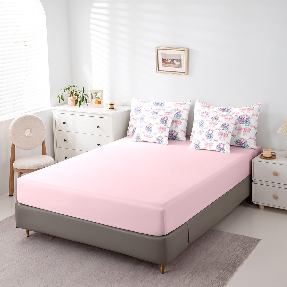 Erosebridal 7 Piece Girls Pink Bowknot King Bedding Set,Kawaii Rainbow Unicorn Kids Comforter Set for Teens,Dreamy Princess Style Quilt,Girly Unicorn Bow Tie Sheet Set with Comforter
