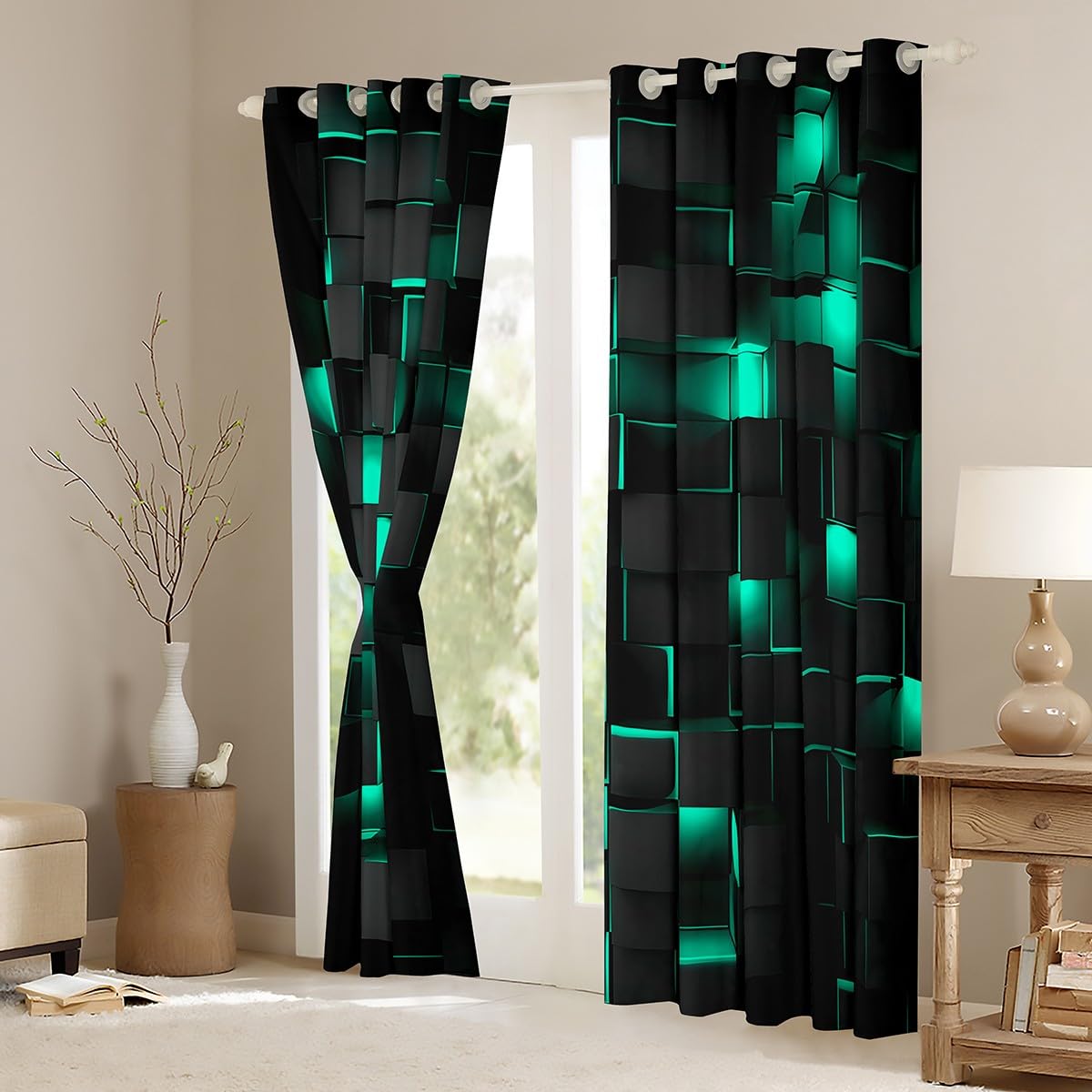 Feelyou Teal Blue and Black Darkening Drapes (2 Panels, 52 x 63 Inch) Light Geometric Curtains for Bedroom Living Room Blackout Curtains for Modern Window Treatments