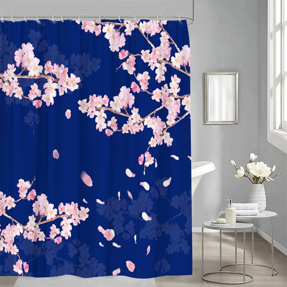 YSSFAV Cherry Blossom Shower Curtain Asian Japanese Chinese Plum Floral Aesthetic Navy Blue Bathroom Decor Curtains Set with Hooks, 70" W x 70" H