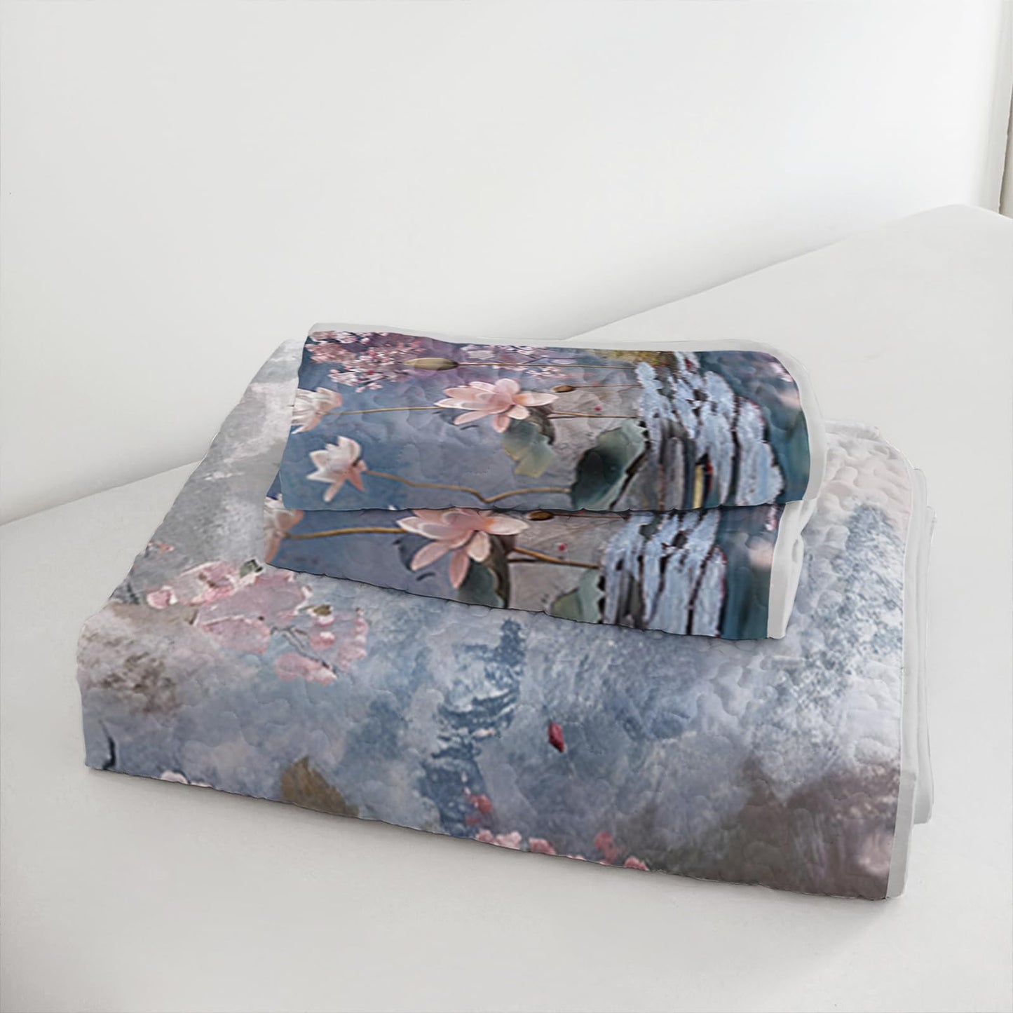 AILONEN King Quilted Comforter 3-Piece Set, Aesthetic Lotus Pond Bedspread Coverlet with 2 Pillowcases, Soft Zen Painting Bedding for Adults Luxury Suite Large Size Floral Impressionist