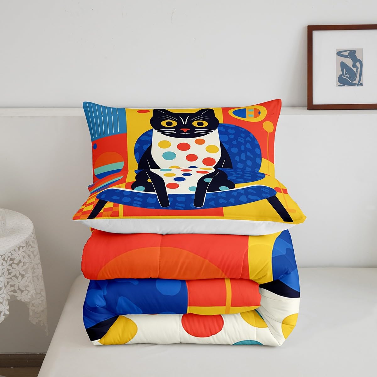 Funny Cat Comforter Set Queen Size,Graffiti Funny 3D Animal Theme Bedding Set for Kids Girls Boys Room Decor,Blue and Yellow Plaid Print Quilt Set 3Pcs,Cartoon Pet Animals Duvet Insert,2 Pillowcases