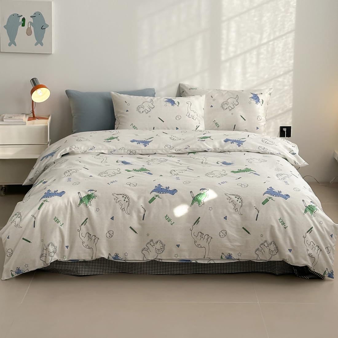 LIWHENHAO Dinosaur Duvet Cover Set Twin 100% Cotton Bedding Cartoon Dino Print on Gray White 1 Kawaii Cute Animal Comforter Cover Zipper Closure 2 Pillowcases for Kids Girls Boys