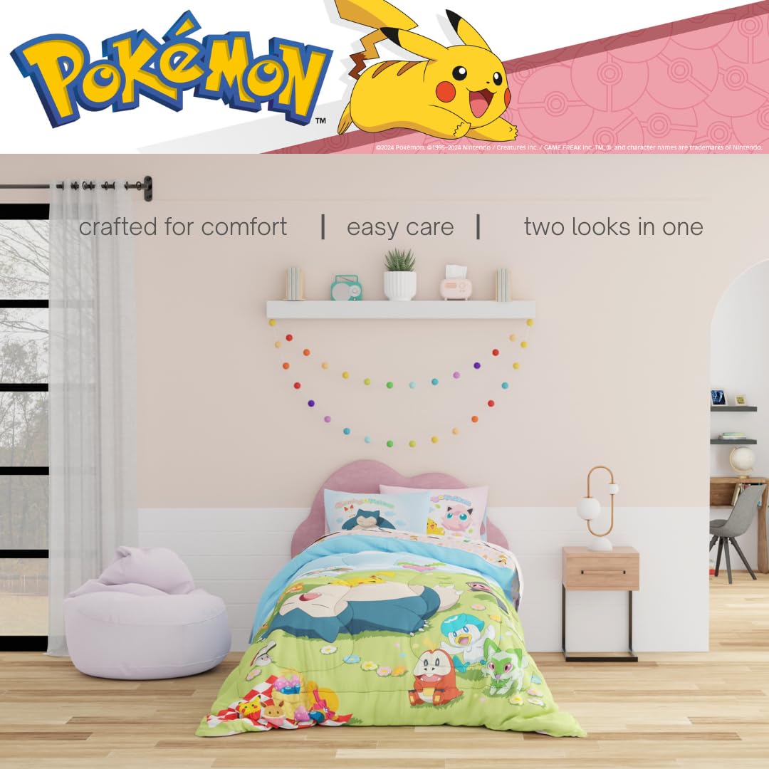 Pokemon Bedding Super Soft Comforter and Sheet Set with Sham, 5 Piece Full Size, Featuring Snorlax, Pikachu, Eevee & Jigglypuff (Officially Licensed Product) by Franco