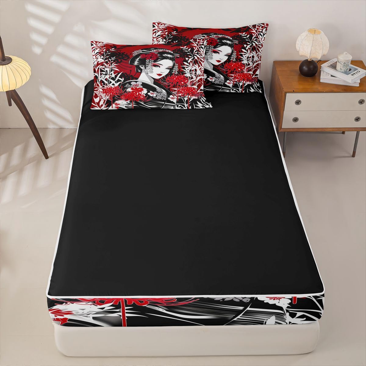 Erosebridal Geisha Beauty Kids Comforter Set with Zipper, Japanese Style Twin Size Zipper Bedding Set, Traditional Geisha Bamboo Flowers Bed-in-A-Bag