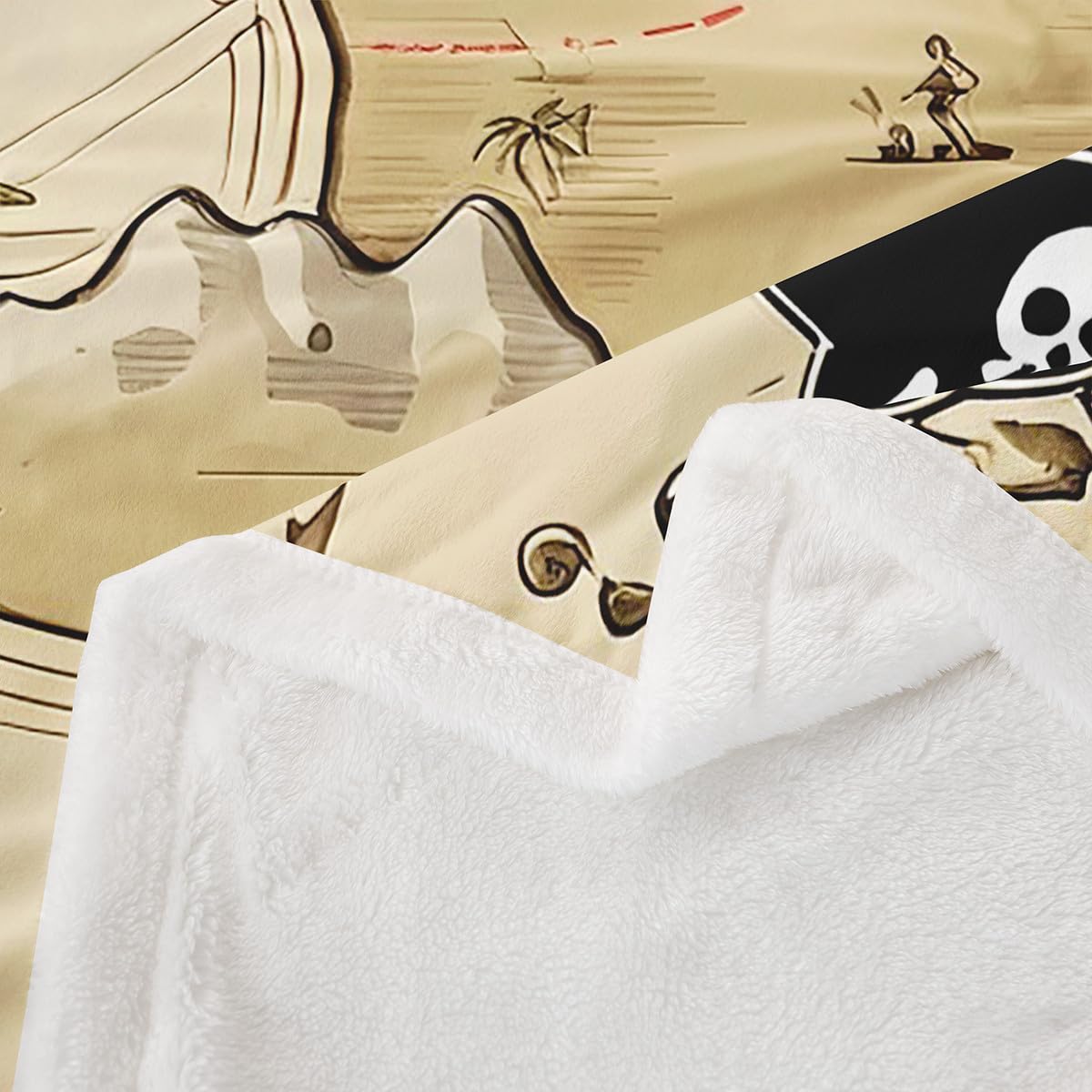Feelyou Treasure Map Fleece Throw Sherpa Blanket for Kids Boys Girls Pirate Ocean Adventure Medieval Retro Fuzzy Plush Blanket for Sofa Bed Couch 90x90 Inches