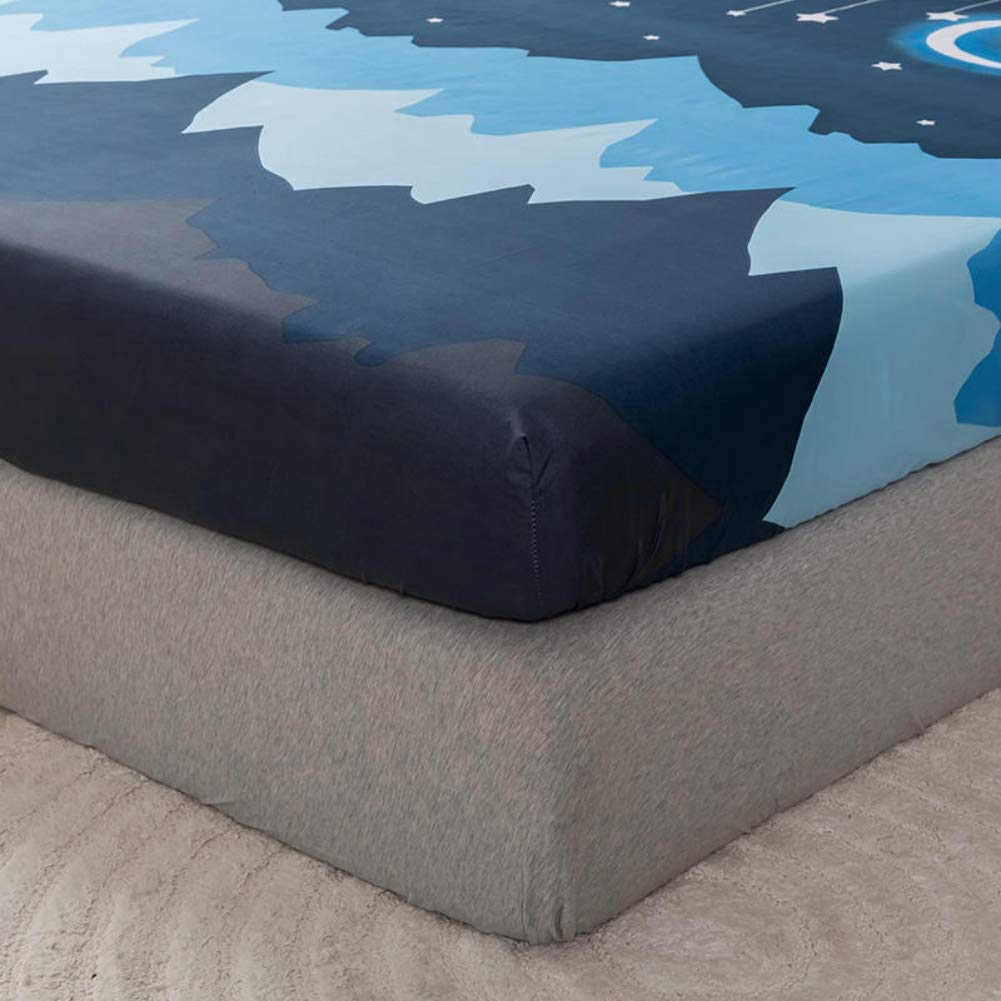 Kids Bedding Set Moon Twinkle Stars Bed Sheet Set for Boys Girls Bedroom Decor Twin Size Microfiber Soft Mountain Night Fitted Sheet Dark Blue Bed Cover with 1 Pillow Case, Flat Sheet not Included