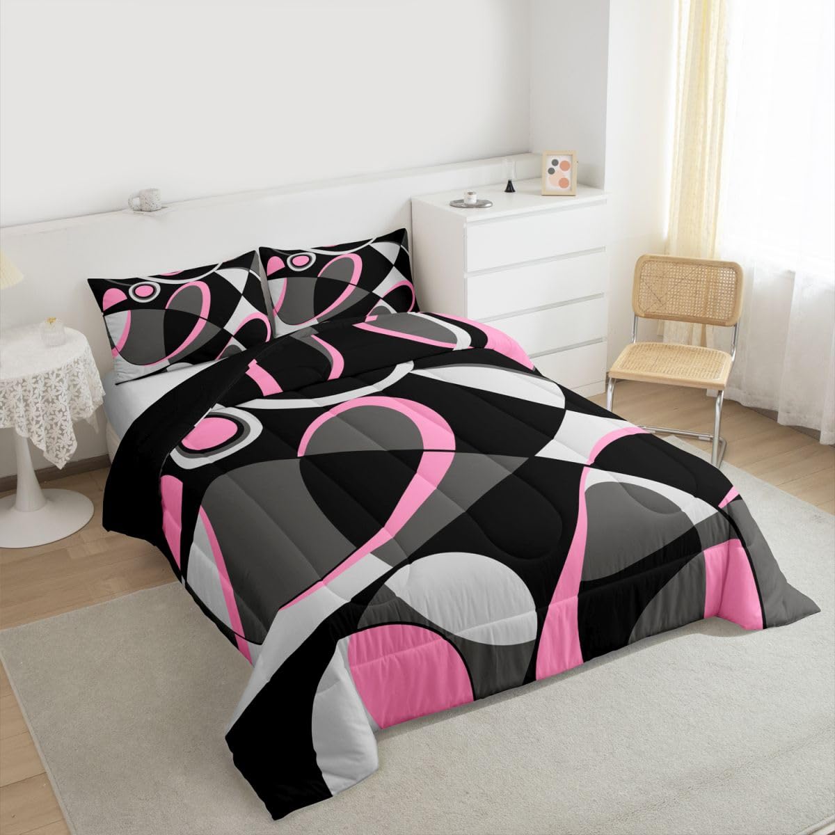 Feelyou Pink Grey and Black Comforter Retro Circle Geometrics Comforter Set Modern Abstract Art Bedding Set for Kids Boys Girls Geometrics Swirl Duvet Set Luxury Room Decor Quilt Set Queen Size