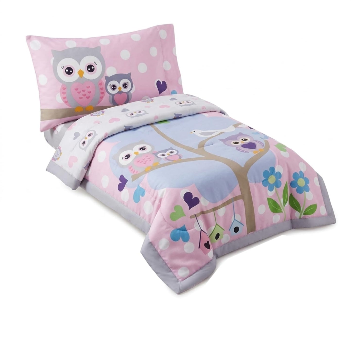EVERYDAY KIDS 4 Piece Toddler Bedding Set - Owls - Soft 100% Cotton Percale - Includes Comforter, Flat Sheet, Fitted Sheet and Reversible Pillowcase