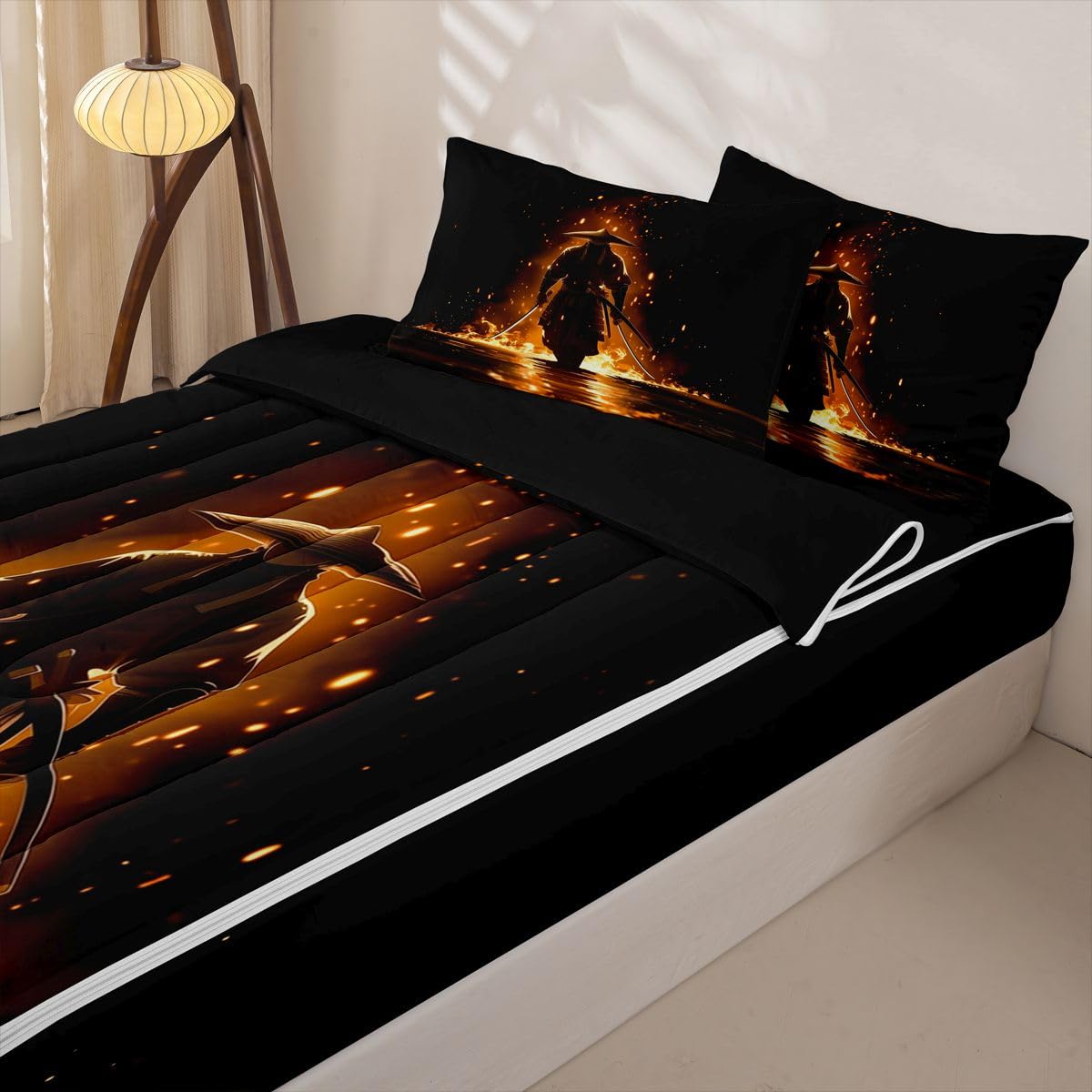Erosebridal Japanese Samurai Kids Comforter Set with Zipper, Japan Warrior Twin Size Zipper Bedding Set, Japanese Spirit Bed-in-A-Bag
