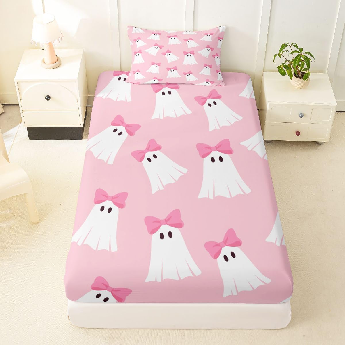 Feelyou Cute Pink Halloween Bed Sheets Set Twin Size Halloween Bow Ghost Bed Set Kawaii Ghost Deep Pocket Fitted Sheet Breathable Soft Lightweight Microfiber