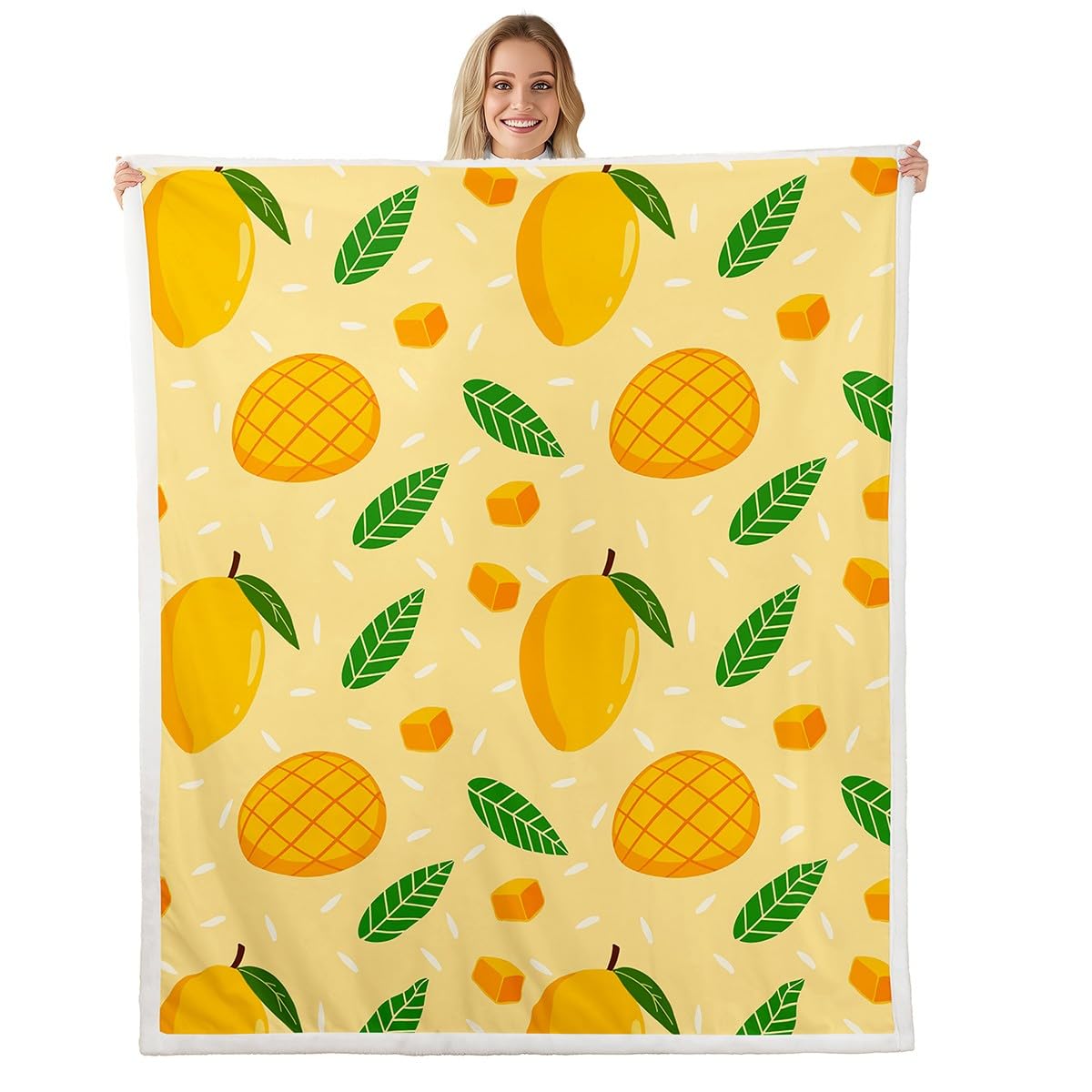 Feelyou Cartoon Mango Fleece Throw Blanket - Sweet Fruit Sherpa for Kids, Boys & Girls - Tropical Fruit Plush, Botanical Leaves Fuzzy Blanket for Sofa, Bed, Couch - Orange, Baby - 30x40 Inches