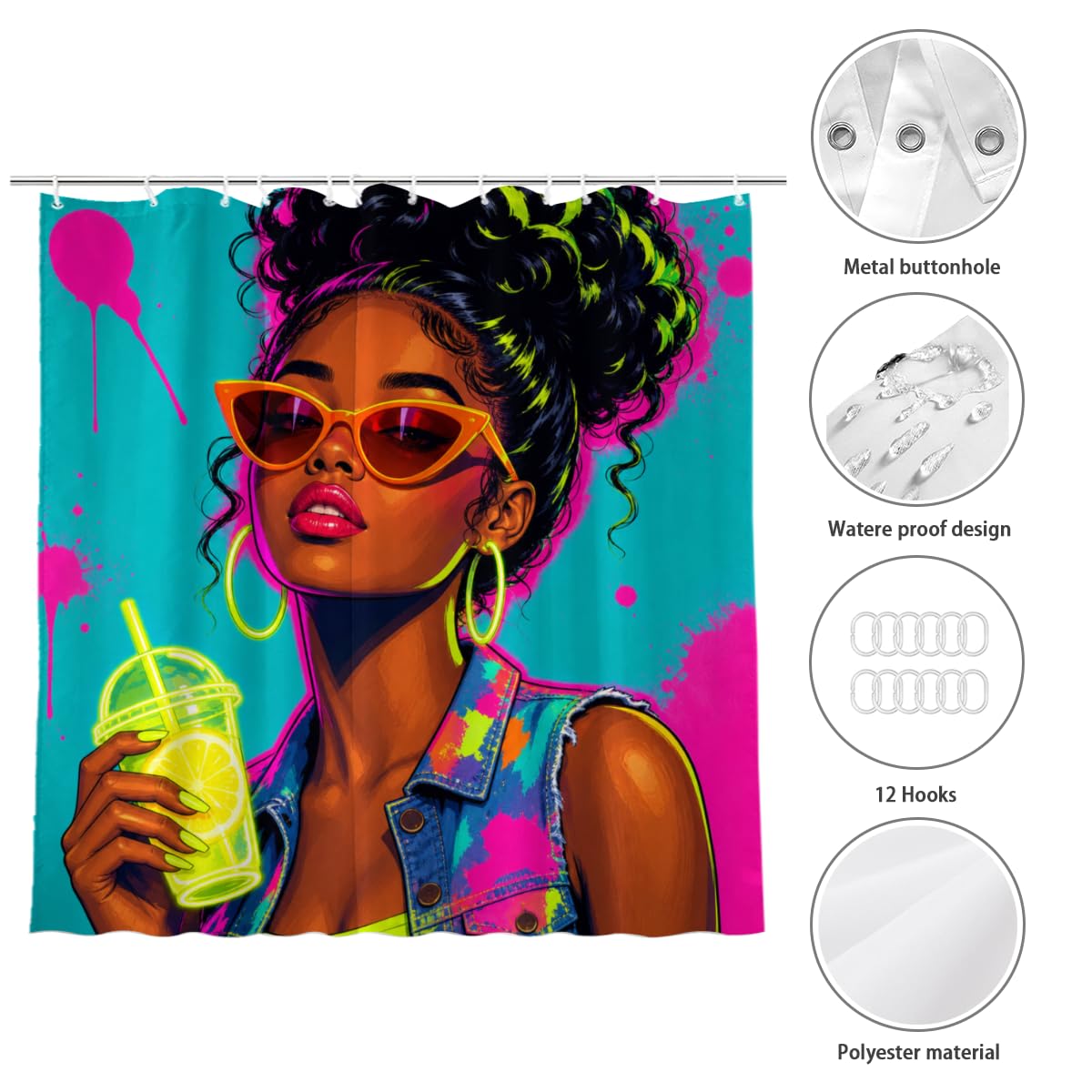 TopPacific Tropical Drink Woman Shower Curtain 72x72 Inch Shower Curtain with 12 Hooks Polyester Woman Sunglasses Tropical Drink Teal Pink Background Bathroom Decor