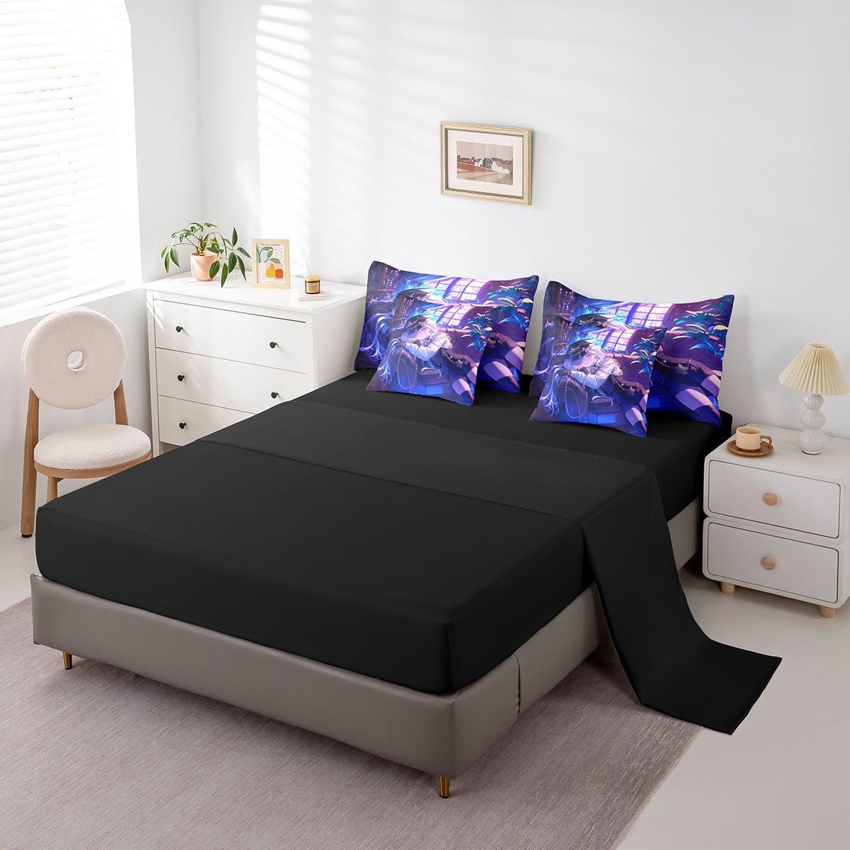 Anime Girl Comforter Set With Sheets Twin Size Japanese Anime 7 Piece Bedding Set For Kids Boys Teens Women Bedroom Decor, Cartoon Girl Bed In A Bag Japanese Animation Kawaii Bed Sets, Purple