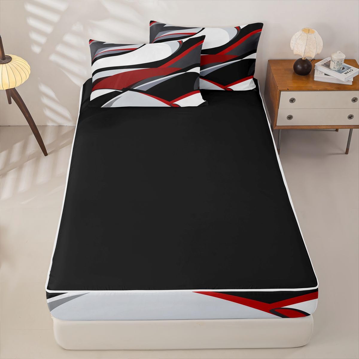 Abstract Geometric Striped Zip Up Bedding Set Full Watercolor Graffiti Geometric Comforter Set With Sheets Red Black Grey White Bed In A Bag,Brush Strokes Graffiti bed sets With 2 Pillowcases