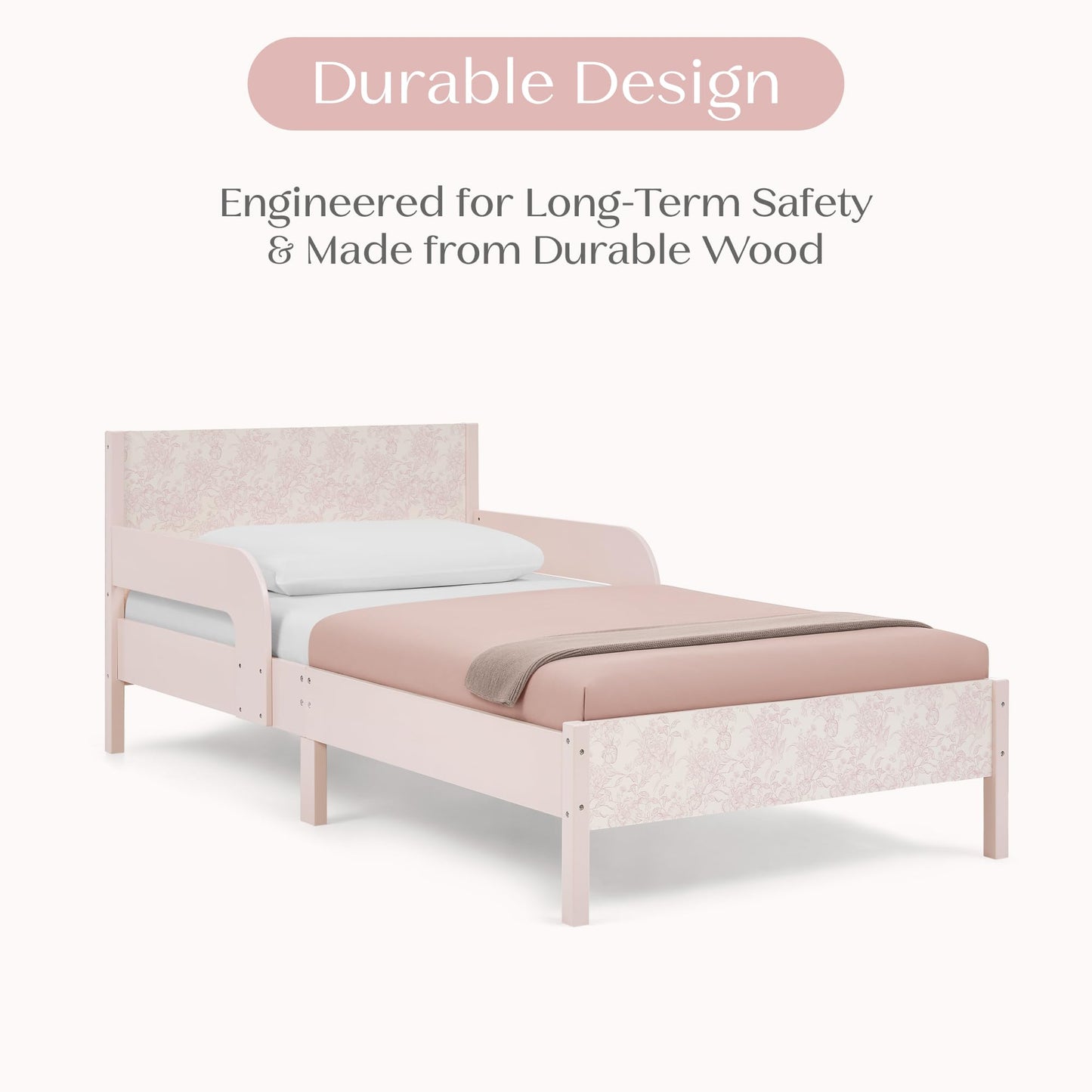 Delta Children Cora Wood Twin Bed with Removable Guardrails - Wood Twin Bed with Slats Supports for Girls & Boys Teens, No Box Spring Needed, Pink Floral Toile