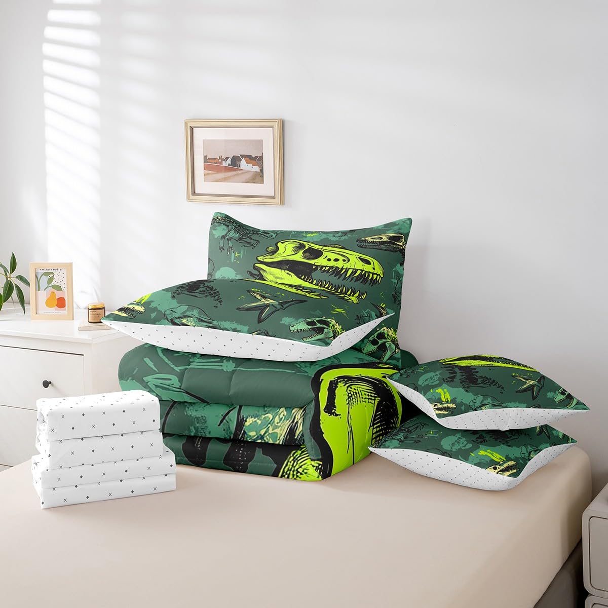 Erosebridal Dinosaur Comforter Set 7 Piece Bed in a Bag Twin,Goth Dino Bone Bedding Sets Gothic Sugar Skull Sheet Set with Comforter,Jungle Wild Animals Skeleton Bed Set