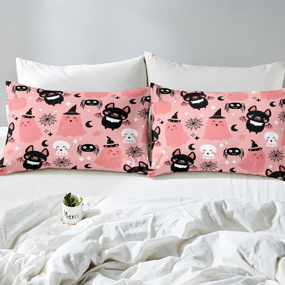 Feelyou Pink Halloween Bat Kids Full Size Bedding Set Decoration Cute Ghost Toddler Sheets Set for Boys Girls Kawaii Skull Fitted Sheet Pink Bed Sheet Set Collection